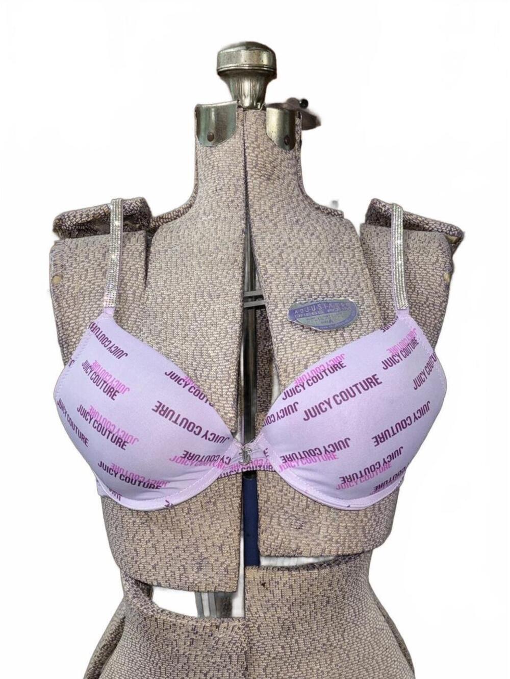 Juicy Couture lavender bra with repeating 'JUICY COUTURE' text